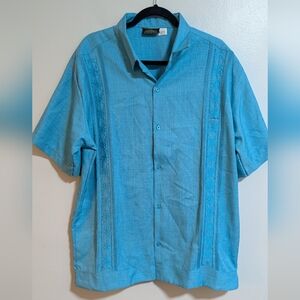 Guayaberas Bright Blue Embroidered Button Front Short Sleeve Shirt Size 44